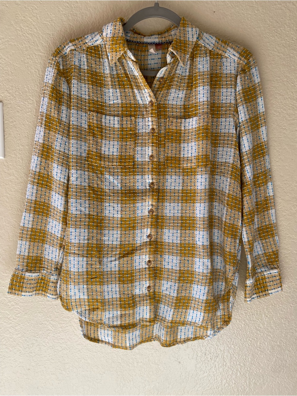 Pilcro Plaid Boho Lightweight Wool Blend Button Down Shirt